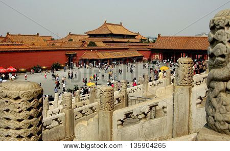 Beijing China - May 3 2005: Courtyard and view from the Hall of Preserving Harmony to the Hall of Ancestral Worship in the Forbidden City