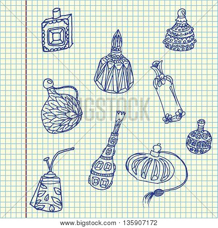 Parfume bottles set. Hand drawn vector stock illustration. Sheet ballpen drawing.