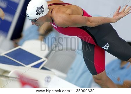 BARCELONA - JUN, 11: Hungarian swimmer Katinka Hosszu jumps into the water during the Trophy Ciutat de Barcelona in Sant Andreu Club, June 11, 2016 in Barcelona, Spain