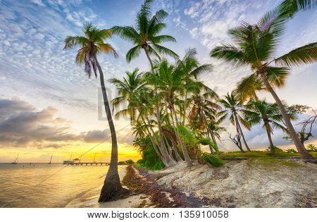 Sunset over Anse Champagne beach in Saint Francois, Guadeloupe, Caribbean