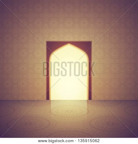 Beautiful Mosque Interior with door, decorated with arabic pattern. Creative vector illustration for Islamic Festival celebration.