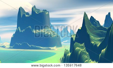 Rocks and lake. Landscape of stranger planet. 3D illustration