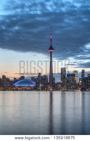 View of the skyline in downtown Toronto at sunset