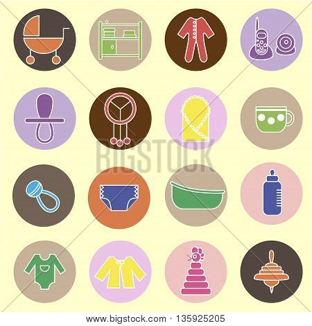 Colorful flat web icon set. Baby equpment toys feeding and care