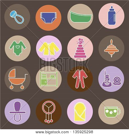 Colorful flat web icon set. Baby equpment toys feeding and care