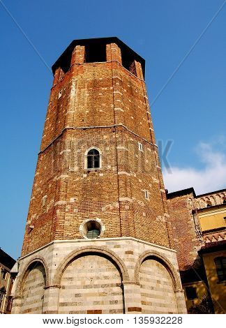 Udine Italy - June 11 2005: Octagonal brick and stone campanile at the 14th century Duomo (Cathedral)