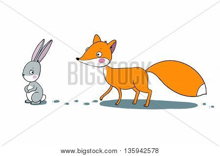 The fox and the hare. Winter. Hand drawing isolated objects on white background. Vector illustration.