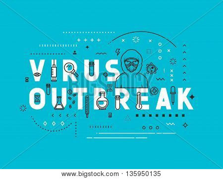 Design concept virus outbreak. Modern line style illustration. Concepts of words virus outbreak, style thin line art, design banners for website and mobile website. Easy to edit.
