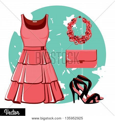 Illustration stylish and trendy clothing. Pink evening dress, clutch bag, accessories, high-heeled shoes, sandals. Fashion vector illustration. Cocktail dress, classical dress