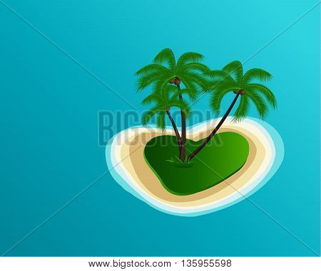 Summer vector illustration of the island in the shape of a heart with the palm trees and the sea