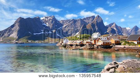 small town of hamnoy near lofoten in norway with blue sky