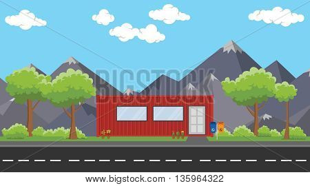 container house concept on side of the road with trees and mountain as background vector graphic illustration