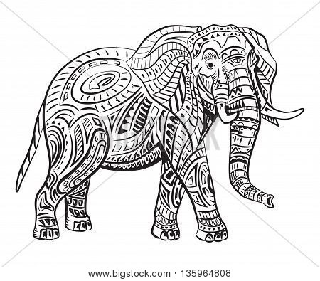 Hand-painted elephant with ornament. Tattoo elephant with patterns, coloring page, t-shirts.