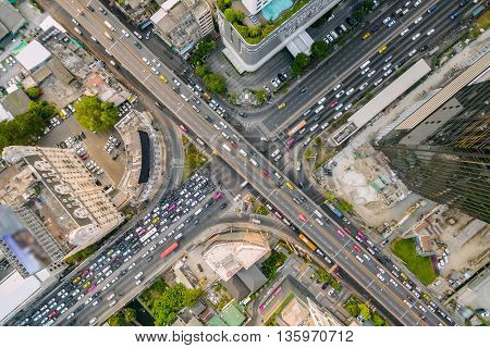 Aerial View Of Traffic Junction And Transportation Road In City, Top And Birdeyes View Shot 90 Degre
