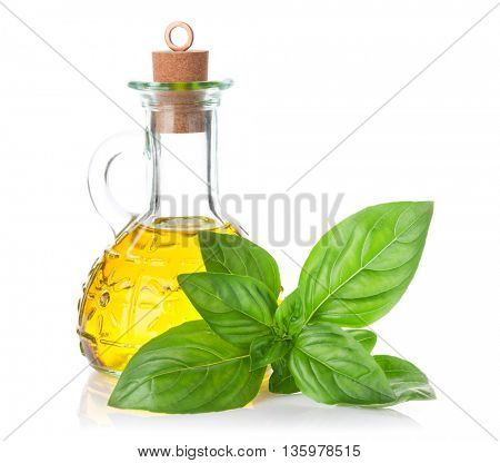 Fresh garden basil and olive oil. Isolated on white background