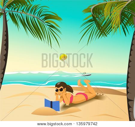 girl reading book on the beach under palm trees