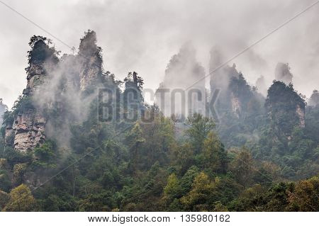 Misty Viwe Of Mountain Range In Hunan, China