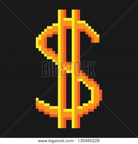 Sign pixel dollar gold. Colorful icon isolated on black background. Pixelated design. Logo for business. American finance symbol made of pixels. Mark of commerce. Stock vector illustration