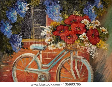 oil painting on canvas - flowers near a wall bike with a bouquet of flowers outdoor medieval