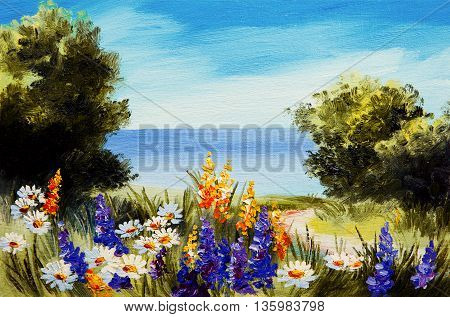 oil painting flowers near the sea camomile field sanset