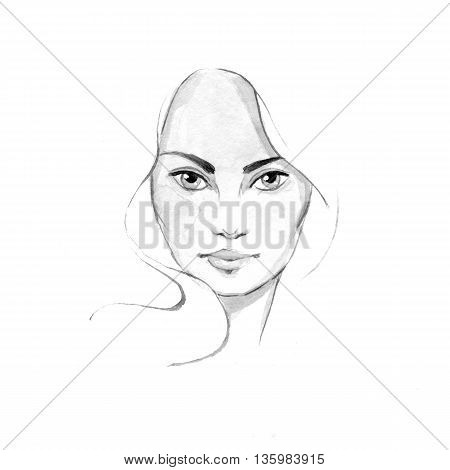 Beautiful woman face 3. Hand-drawn illustration. Watercolor