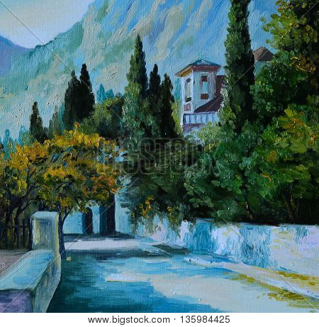 Oil Painting - cityin the mountains the road surrounded by trees ountry house performed in the style of impressionism colorful noon artwork; background