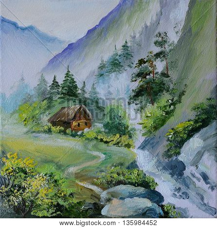 oil painting - landscape in mountains house in the mountains and forests near the bridge abstract drawing outdoor wallpaper