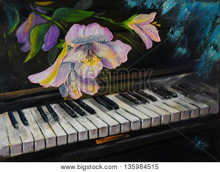 Oil Painting - piano and flowers vintage artwork painted with a brush and oil paints outdoor; wallpaper