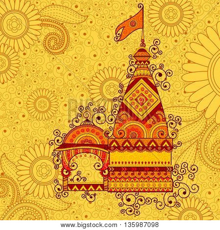 Vector design of hindu temple Happy Dussehra in Indian art style