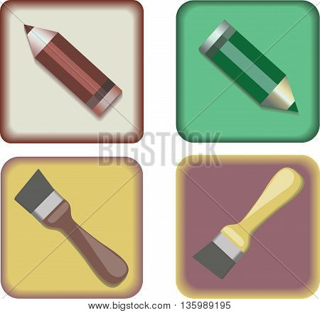 Vector image. The four icons. Pencils and brushes on a transparent background.