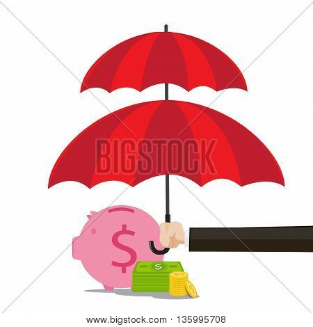Hand of business man holding the red umbrella to protect piggy bank and money vector illustration eps10