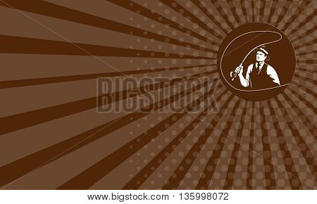 Business card showing illustration of a mobster gangster fly fisherman wearing hat fishing casting fly rod set inside circle on isolated background done in retro style.