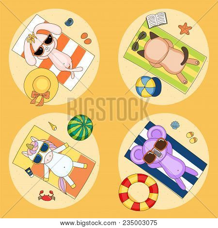 Set Of Hand Drawn Cute Funny Vector Charachters In Sunglasses - Koala, Bunny, Cat, Unicorn - On The 