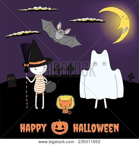 Hand Drawn Vector Illustration Of Funny Cartoon Characters Dressed In Halloween Costumes Of Witch An