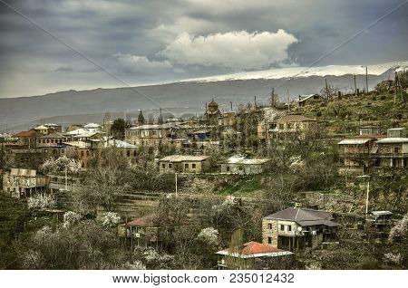 View Of The Ancient Town Of Ashtarak With Medieval Churches And Flowering Apricot Trees Against The 