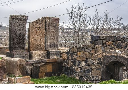 Three Ancient Stone Crosses And Graves Of Saints, At The Old Entrance To The Territory Of The Mediev