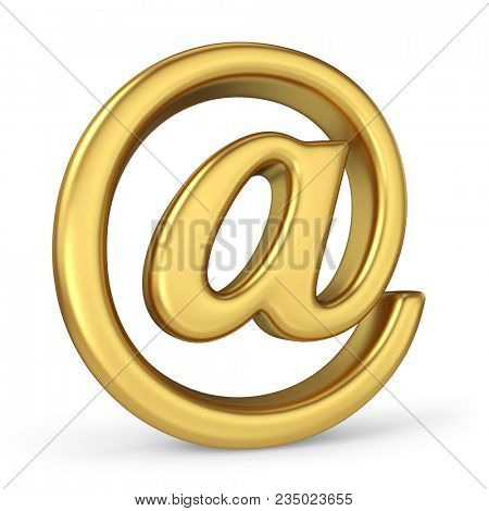 Gold At Sign Isolated on White Background. At Email Divider Symbol. 3D Illustration. Golden Alphabet Collection.