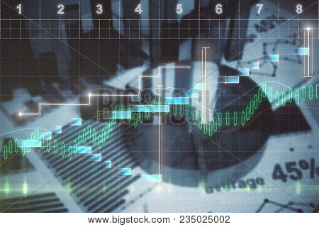 Abstract Blurry Financial Report Background. Forex And Investment Concept. Double Exposure