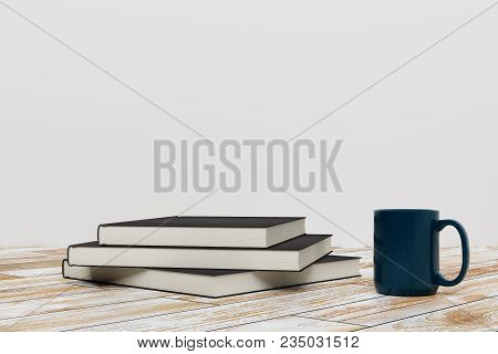 Close Up Of Books, Coffee Cup And Copy Space. Education And Knoweldge Concept. 3d Rendering