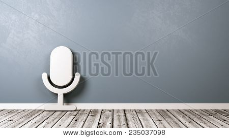 White Microphone 3d Symbol Shape On Wooden Floor Against Blue Gray Wall With Copy Space 3d Illustrat