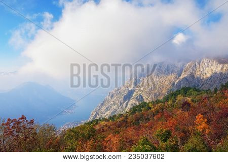Autumn Landscape With Mountains And Cloud. Montenegro,  View Of Vrmac Mount And Bay Of Kotor