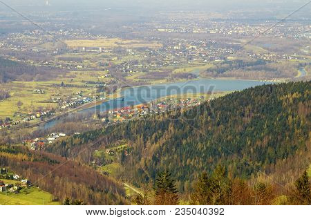 View From Zar Mountain On Settlement In Spring Day. Poland. Europe.