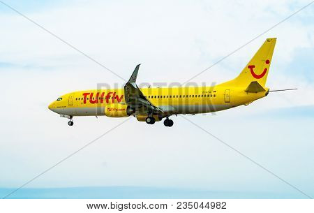 AIRPORT FRANKFURT,GERMANY: JUNE 23, 2017: Boeing 737 TUI fly Deutschland form is a German leisure airline owned . TUI fly Deutschland is part of the TUI Airlines alliance.