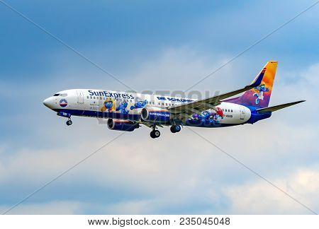 AIRPORT FRANKFURT,GERMANY: JUNE 23, 2017: Boeing 737 -800 SunExpress is a Turkish airline. It operates scheduled and chartered passenger flights to various destinations in Europe