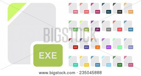 Flat Colorful Vector File Format Icons Set Isolated On Dark, Document Type Flat Icons. File Format I