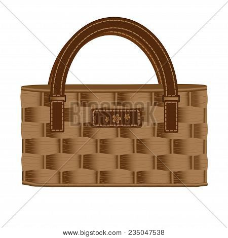 Vector Illustration Of Bag Ladies Wicker, Decorated With Leather And Flowers Isolated On White Backg