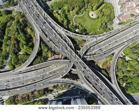 Elevated 5 Levels Road Junction In Shanghai Center. Aerial View From Drone