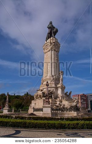 Lisbon Portugal. 30 March 2018. View Of The Statue Of Marques De Pombal In Lisbon, Located In The Ce