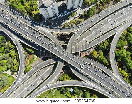Elevated 5 Levels Road Junction In Shanghai Center. Aerial View From Drone