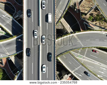 Elevated 5 Levels Road Junction In Shanghai Center. Aerial View From Drone